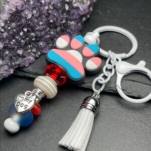 Artisan Pink Blue White Paw Print Keychain with Tassel